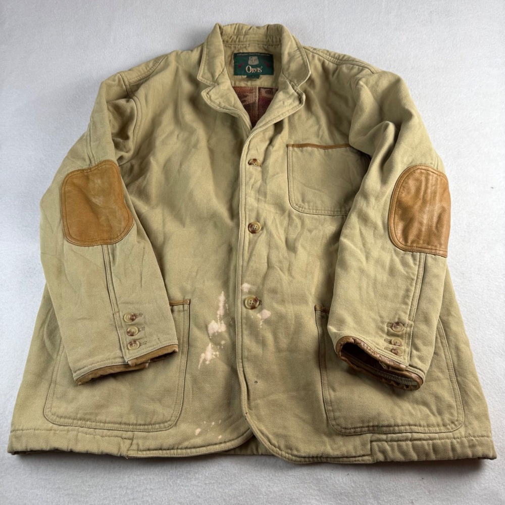 Orvis Mens‎ L Tan Cotton Canvas Field Coat Leather Trim Fleece Lining
